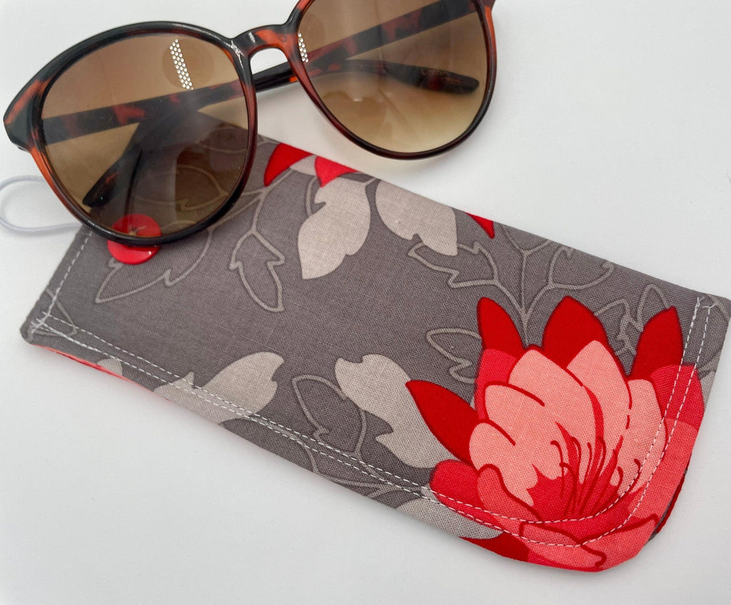 Fabric Eyeglass Case, Soft Sunglasses Case, Eye Glasses Sleeve, Eyeglass Pouch, Reading Glasses Case Holder - Red Floral and Gray