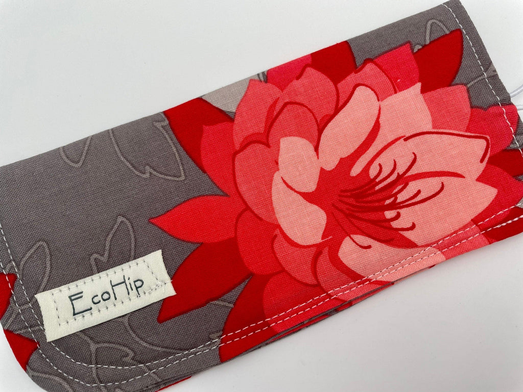 Fabric Eyeglass Case, Soft Sunglasses Case, Eye Glasses Sleeve, Eyeglass Pouch, Reading Glasses Case Holder - Red Floral and Gray