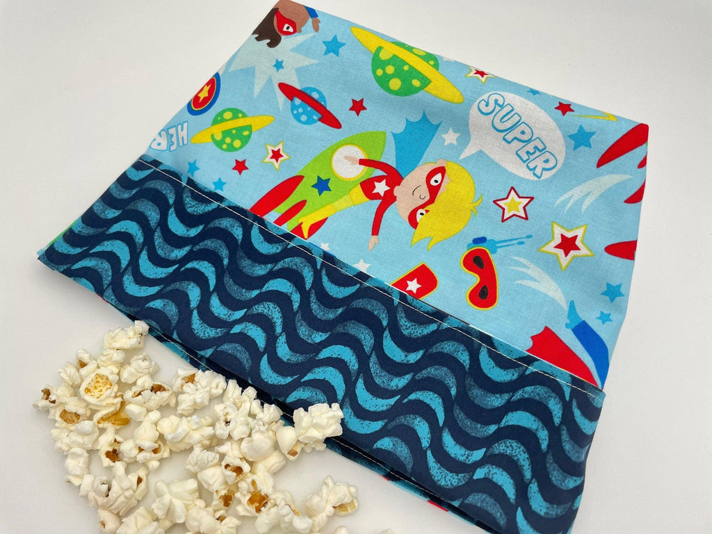 Reusable Popcorn Bag, Reusable Microwave Popcorn, Microwave Popcorn Cozy, Eco-Friendly Snack Holder - Super Hero Boys Space