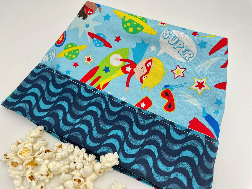 Reusable Popcorn Bag, Reusable Microwave Popcorn, Microwave Popcorn Cozy, Eco-Friendly Snack Holder - Super Hero Boys Space