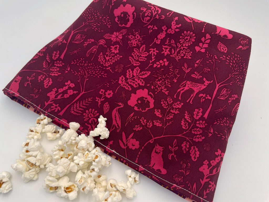 Reusable Popcorn Bag, Reusable Microwave Popcorn, Microwave Popcorn Cozy, Eco-Friendly Snack Holder - Forest Magenta