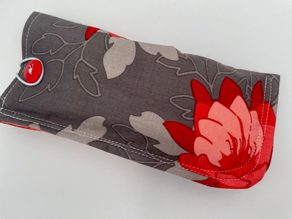 Fabric Eyeglass Case, Soft Sunglasses Case, Eye Glasses Sleeve, Eyeglass Pouch, Reading Glasses Case Holder - Red Floral and Gray