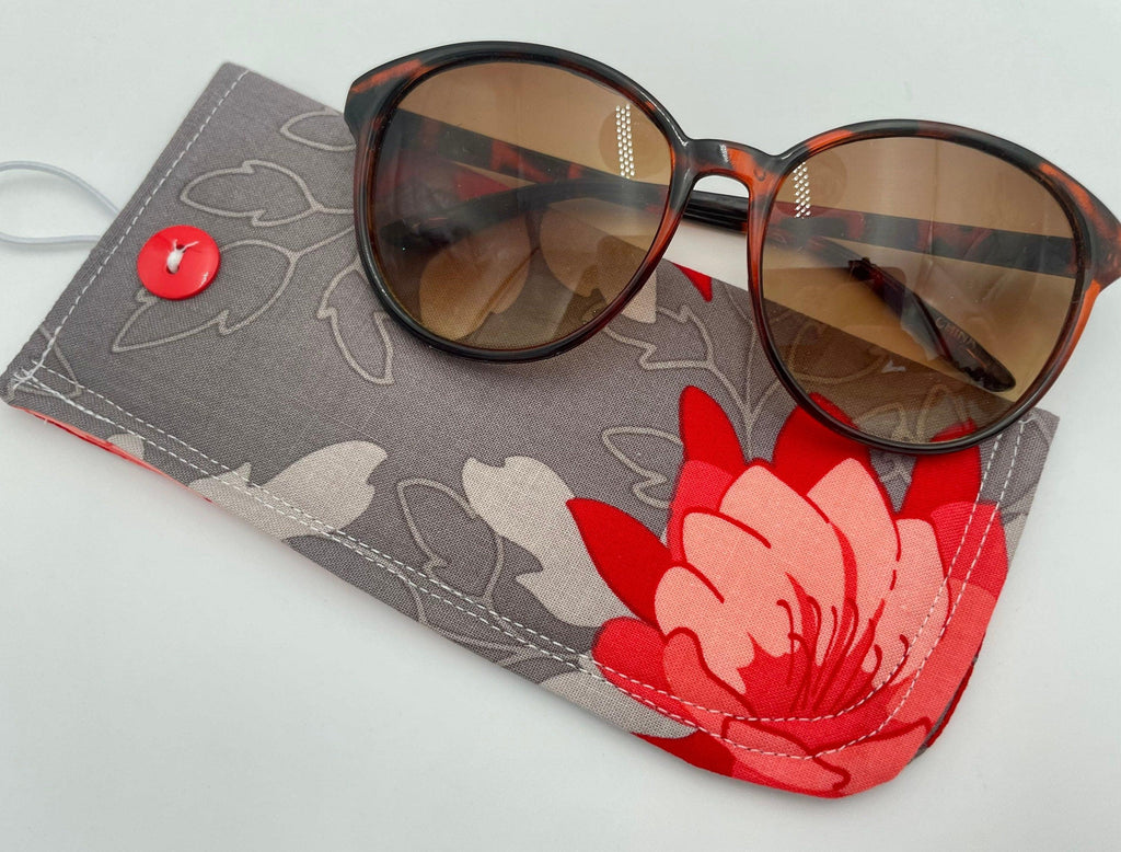 Fabric Eyeglass Case, Soft Sunglasses Case, Eye Glasses Sleeve, Eyeglass Pouch, Reading Glasses Case Holder - Red Floral and Gray