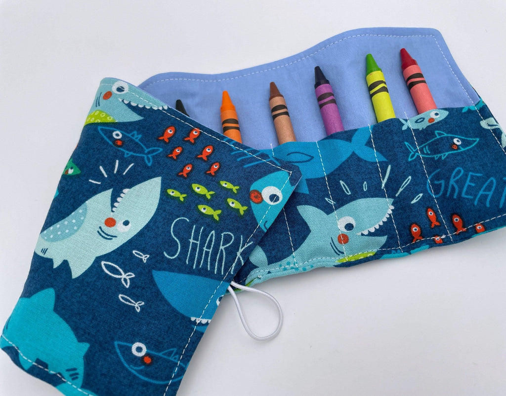 Crayon Roll, Crayon Caddy, Travel Toy, Kids Stocking Stuffer, Crayons Included - Sharks Blue