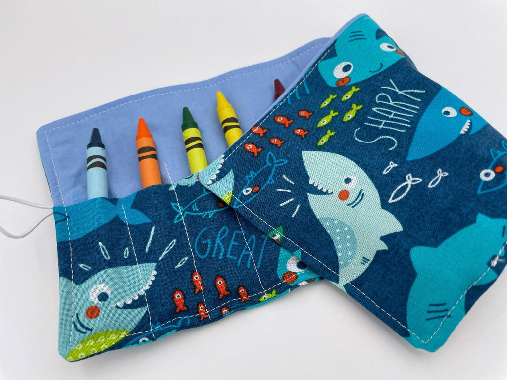 Crayon Roll, Crayon Caddy, Travel Toy, Kids Stocking Stuffer, Crayons Included - Sharks Blue