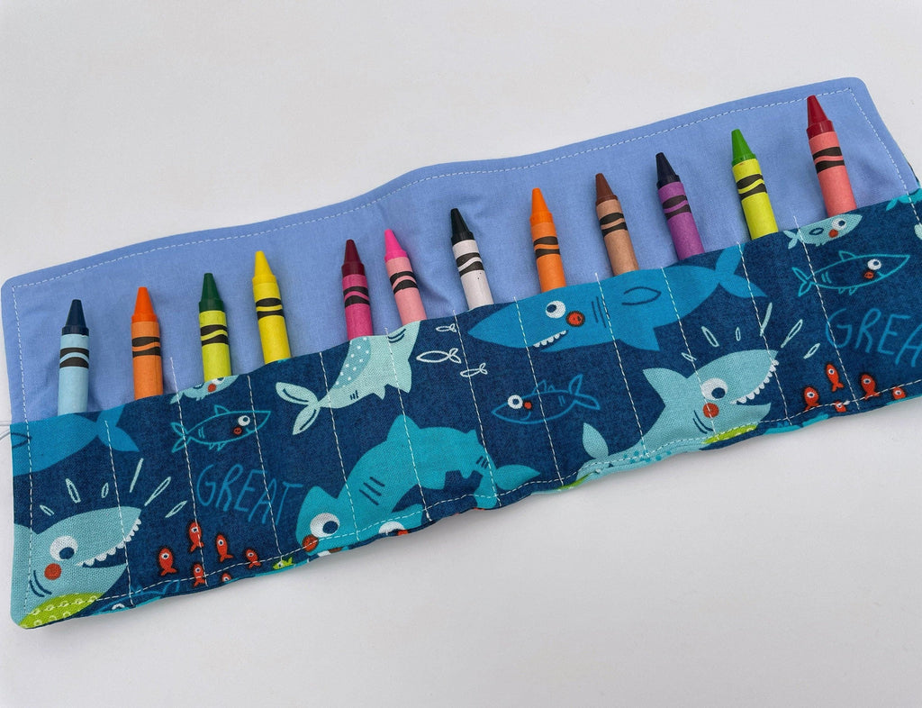 Crayon Roll, Crayon Caddy, Travel Toy, Kids Stocking Stuffer, Crayons Included - Sharks Blue