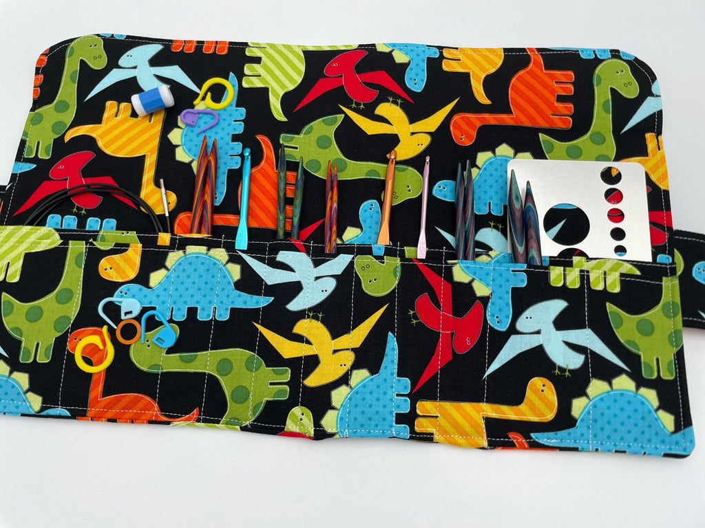 Interchangeable Knitting Needle Case, Knitting Notions Storage, Crochet Hook Roll, Knitting Needle Organizer - Dinosaurs