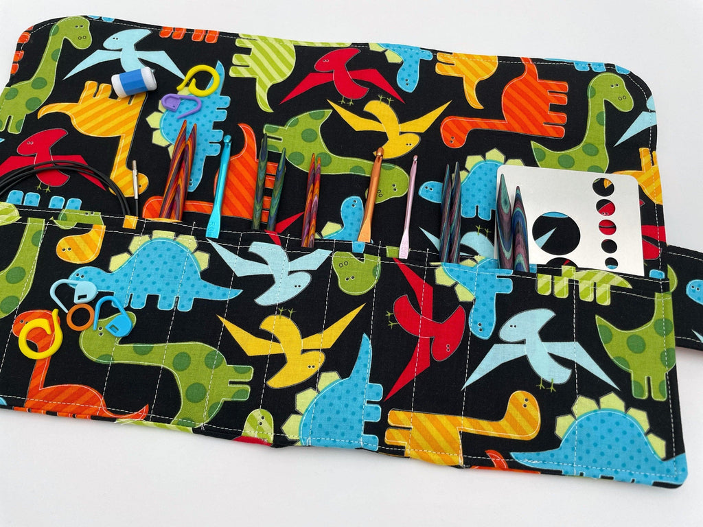 Interchangeable Knitting Needle Case, Knitting Notions Storage, Crochet Hook Roll, Knitting Needle Organizer - Dinosaurs