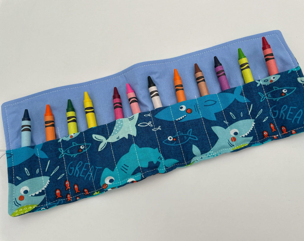 Crayon Roll, Crayon Caddy, Travel Toy, Kids Stocking Stuffer, Crayons Included - Sharks Blue