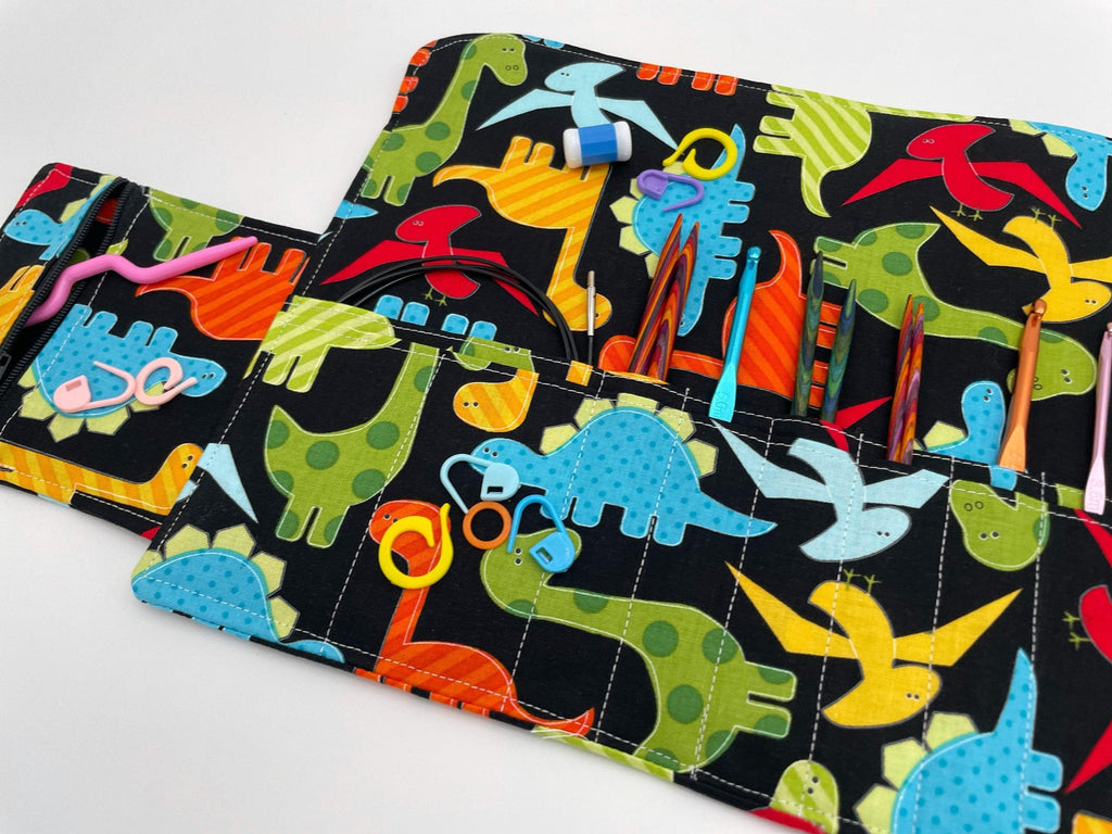 Interchangeable Knitting Needle Case, Knitting Notions Storage, Crochet Hook Roll, Knitting Needle Organizer - Dinosaurs