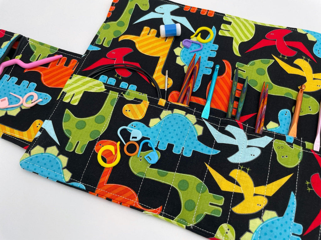 Interchangeable Knitting Needle Case, Knitting Notions Storage, Crochet Hook Roll, Knitting Needle Organizer - Dinosaurs