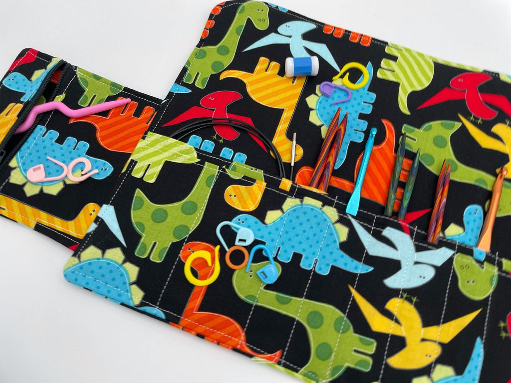 Interchangeable Knitting Needle Case, Knitting Notions Storage, Crochet Hook Roll, Knitting Needle Organizer - Dinosaurs