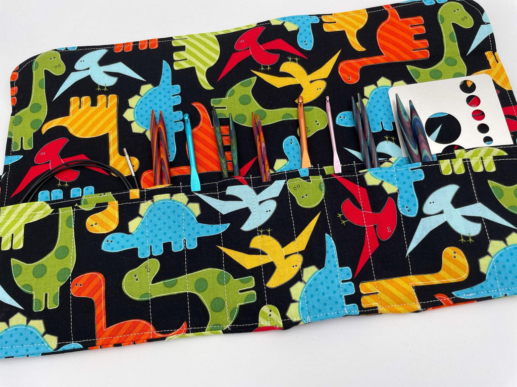 Interchangeable Knitting Needle Case, Knitting Notions Storage, Crochet Hook Roll, Knitting Needle Organizer - Dinosaurs