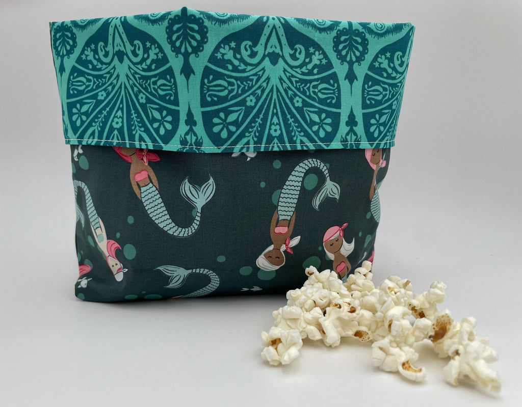 Reusable Popcorn Bag, Reusable Microwave Popcorn, Microwave Popcorn Cozy, Eco-Friendly Snack Holder - Mermaids Teal