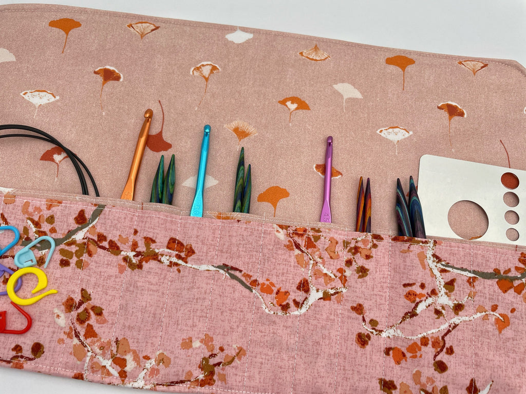 Interchangeable Knitting Needle Case, Knitting Notions Storage, Crochet Hook Roll, Knitting Needle Organizer - Enchanted Leaves Forest