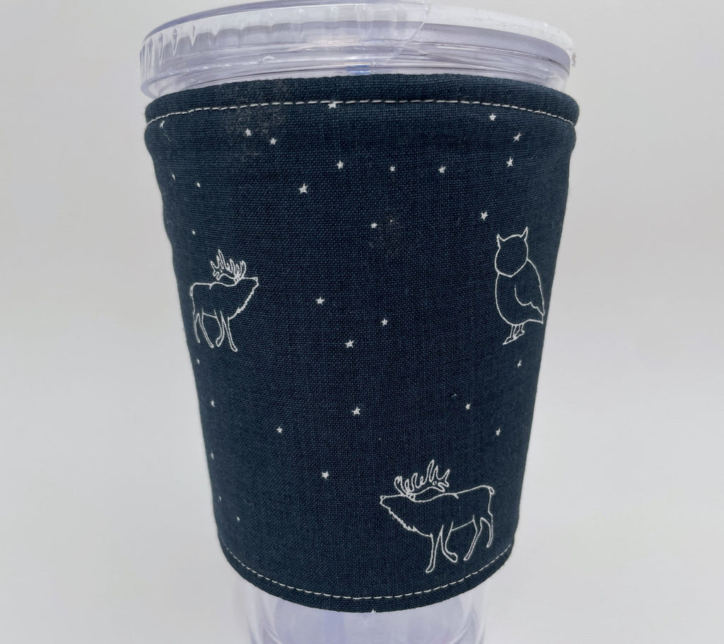 Reversible Coffee Cozy, Insulated Coffee Sleeve, Coffee Cuff, Iced Coffee Sleeve, Hot Tea Sleeve, Cold Drink Cup Cuff - Moon and Floral