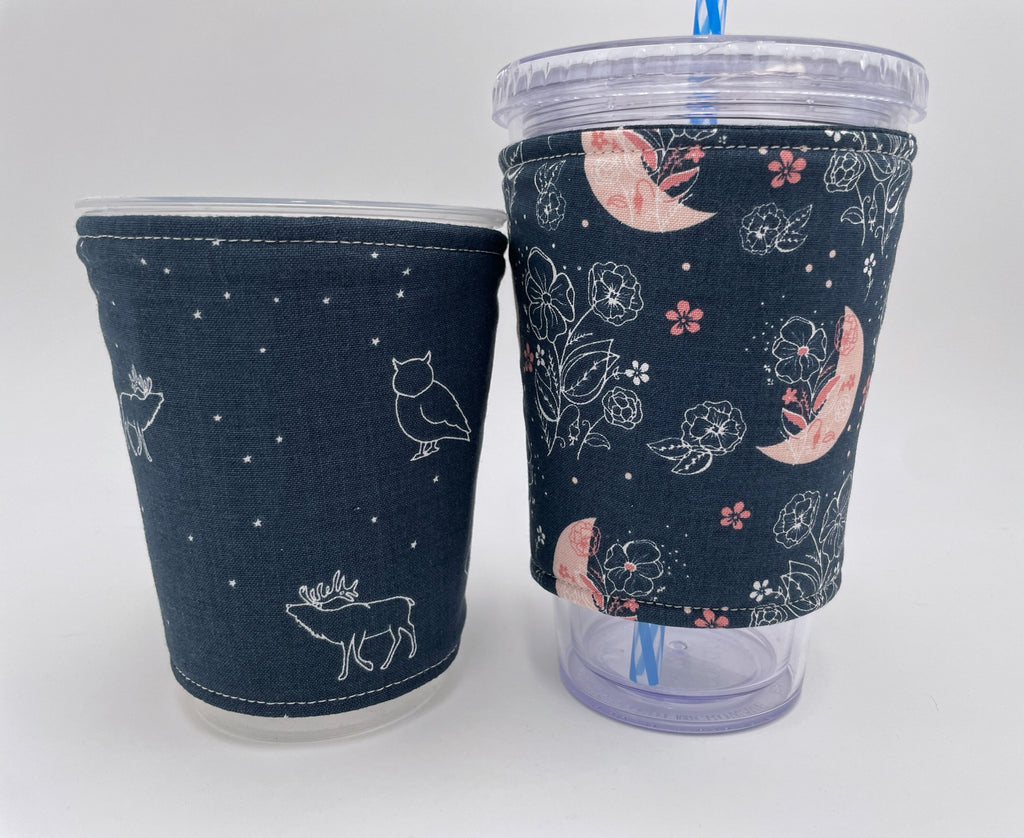 Reversible Coffee Cozy, Insulated Coffee Sleeve, Coffee Cuff, Iced Coffee Sleeve, Hot Tea Sleeve, Cold Drink Cup Cuff - Moon and Floral