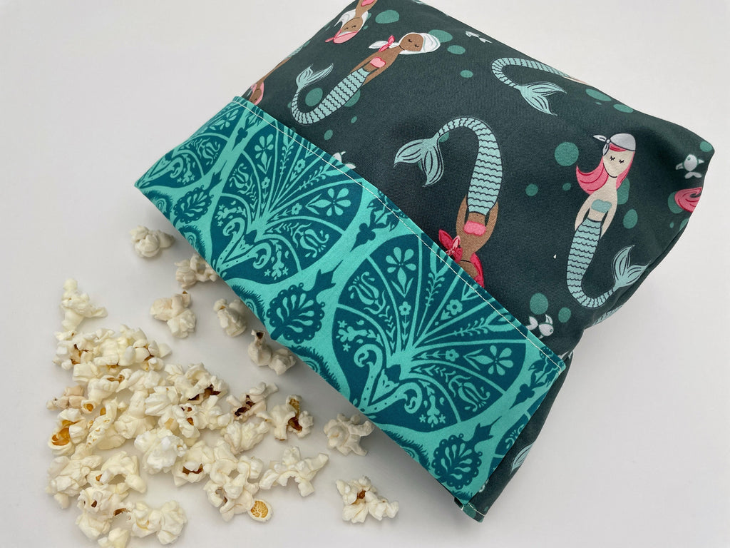 Reusable Popcorn Bag, Reusable Microwave Popcorn, Microwave Popcorn Cozy, Eco-Friendly Snack Holder - Mermaids Teal