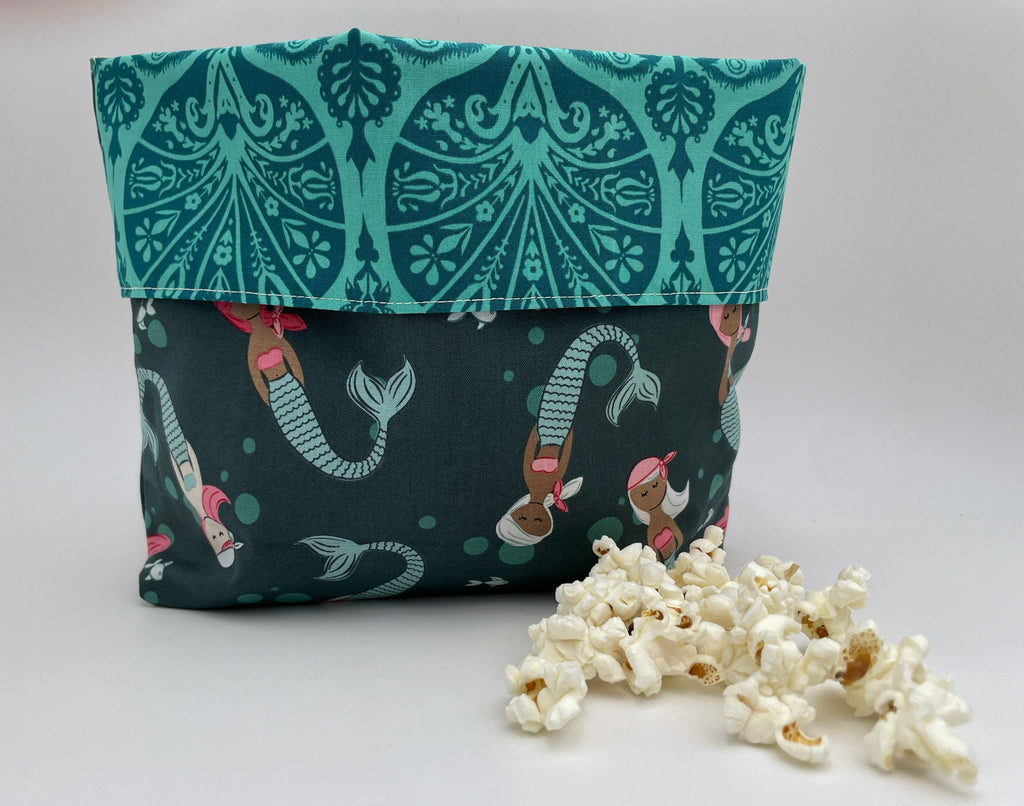 Reusable Popcorn Bag, Reusable Microwave Popcorn, Microwave Popcorn Cozy, Eco-Friendly Snack Holder - Mermaids Teal