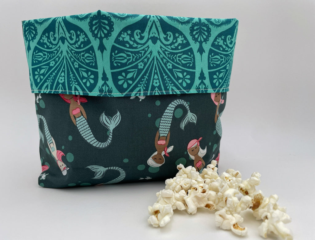 Reusable Popcorn Bag, Reusable Microwave Popcorn, Microwave Popcorn Cozy, Eco-Friendly Snack Holder - Mermaids Teal