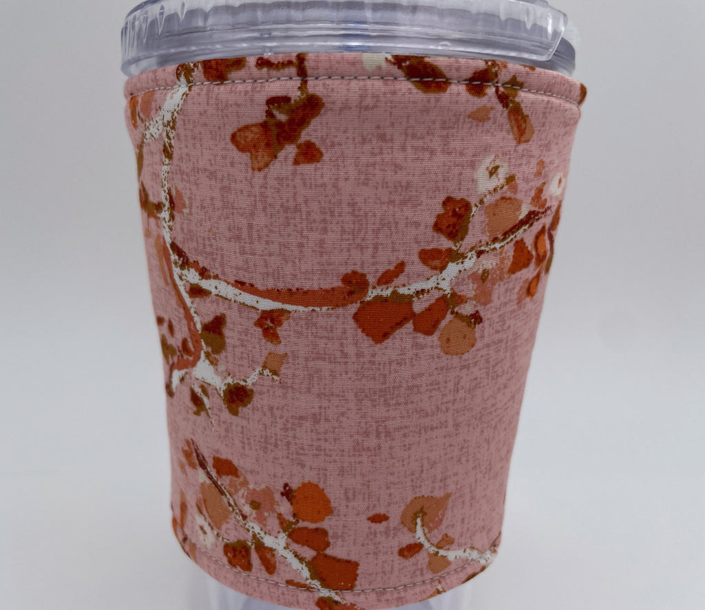 Reversible Coffee Cozy, Insulated Coffee Sleeve, Coffee Cuff, Iced Coffee Sleeve, Hot Tea Sleeve, Cold Drink Cuff - Enchanted Leaves Blush