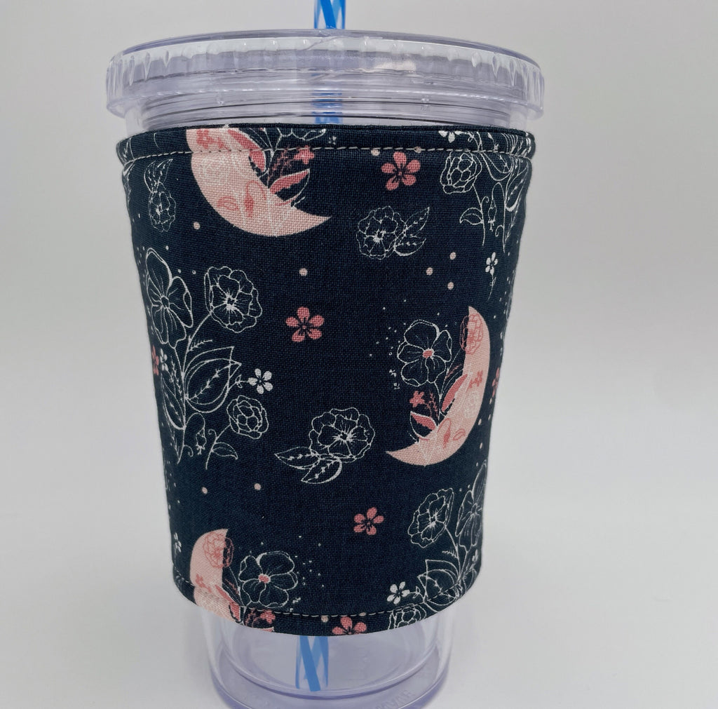 Reversible Coffee Cozy, Insulated Coffee Sleeve, Coffee Cuff, Iced Coffee Sleeve, Hot Tea Sleeve, Cold Drink Cup Cuff - Moon and Floral