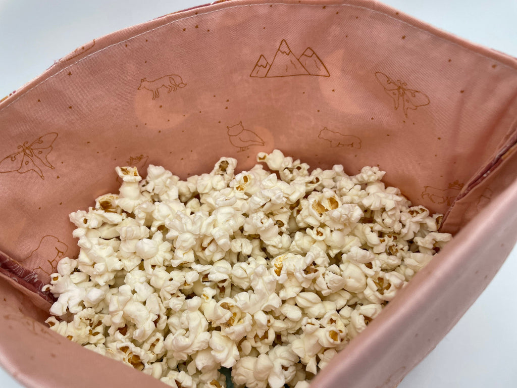 Reusable Popcorn Bag, Reusable Microwave Popcorn, Microwave Popcorn Cozy, Eco-Friendly Snack Holder - Moon and Floral Pink