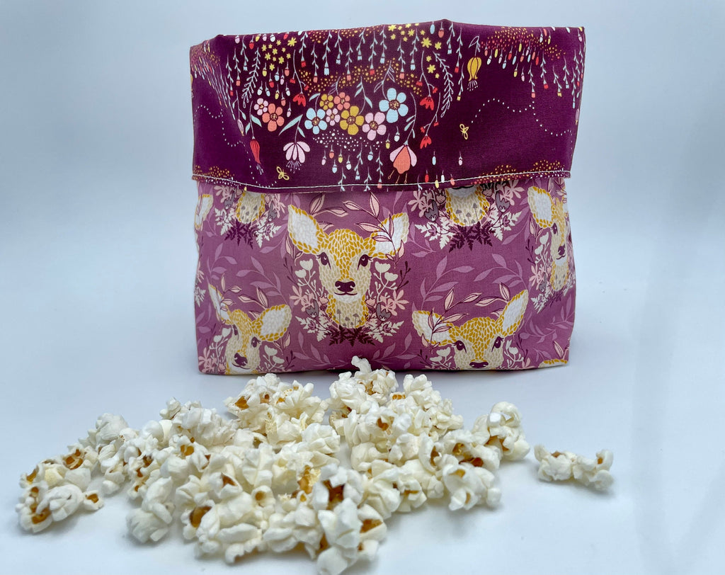 Reusable Popcorn Bag, Reusable Microwave Popcorn, Microwave Popcorn Cozy, Eco-Friendly Snack Holder - Deer Ruby Purple