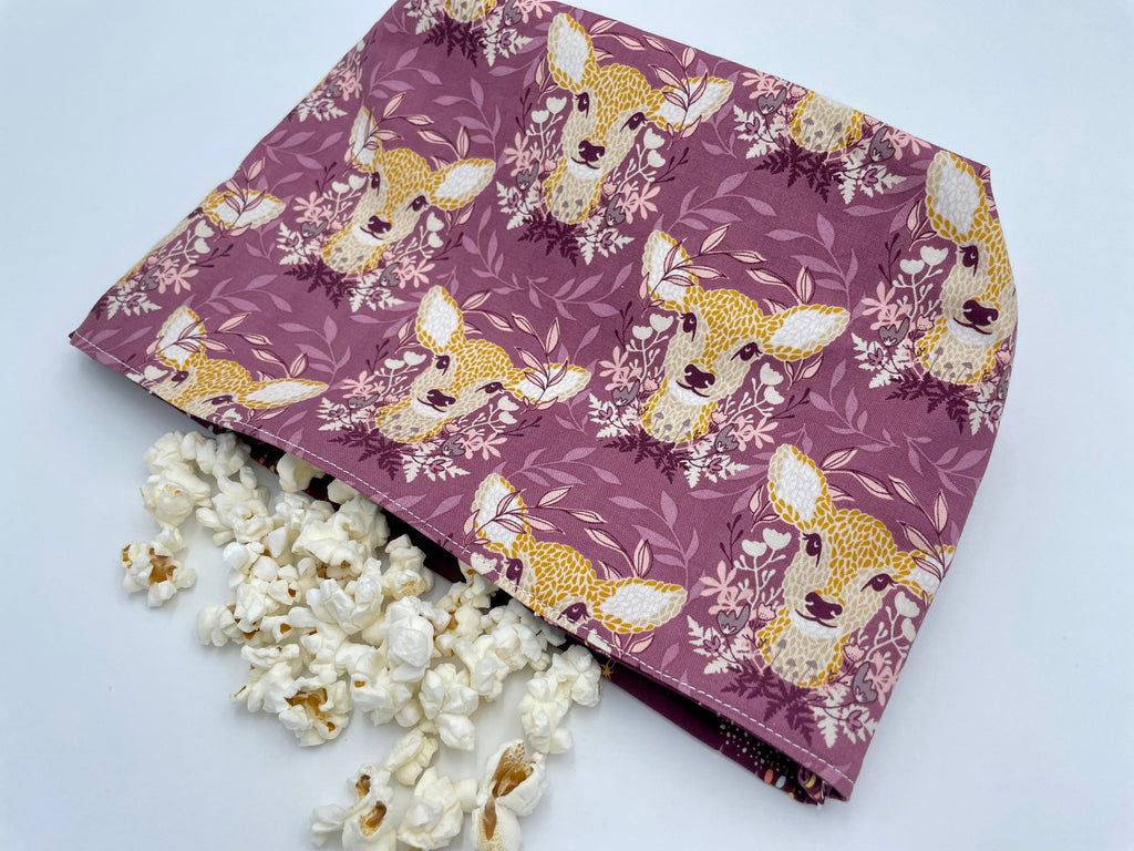 Reusable Popcorn Bag, Reusable Microwave Popcorn, Microwave Popcorn Cozy, Eco-Friendly Snack Holder - Deer Ruby Purple