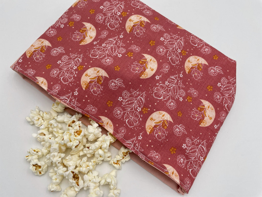 Reusable Popcorn Bag, Reusable Microwave Popcorn, Microwave Popcorn Cozy, Eco-Friendly Snack Holder - Moon and Floral Pink