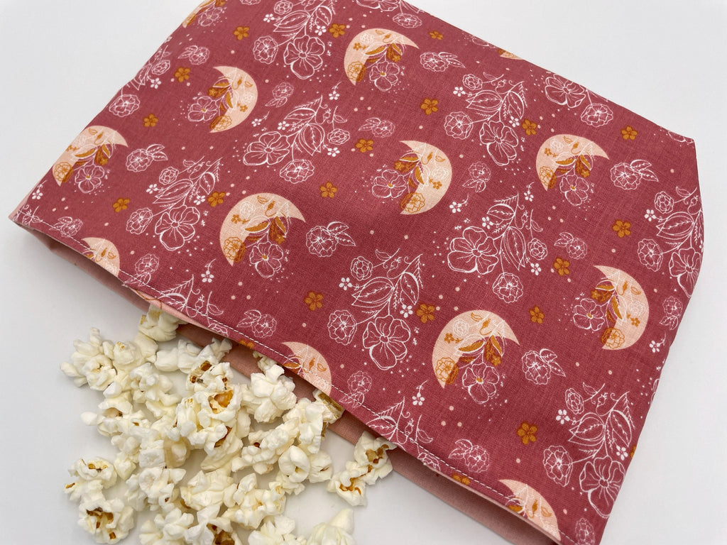 Reusable Popcorn Bag, Reusable Microwave Popcorn, Microwave Popcorn Cozy, Eco-Friendly Snack Holder - Moon and Floral Pink