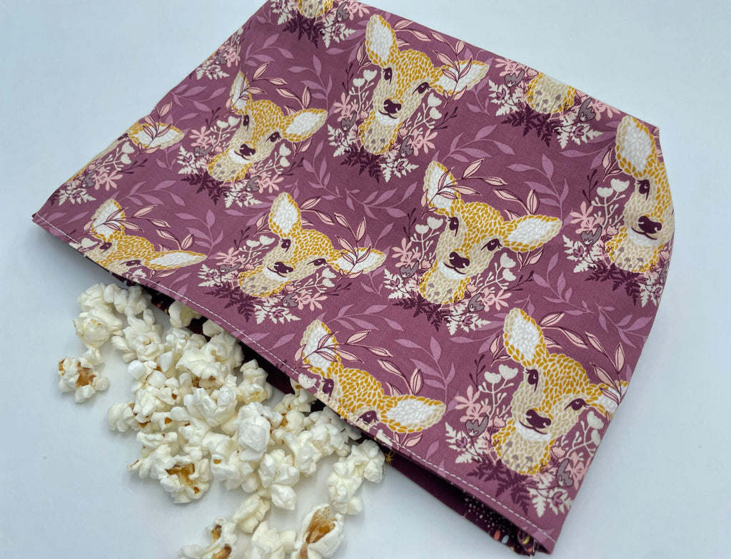 Reusable Popcorn Bag, Reusable Microwave Popcorn, Microwave Popcorn Cozy, Eco-Friendly Snack Holder - Deer Ruby Purple