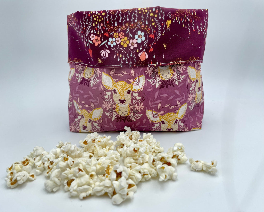 Reusable Popcorn Bag, Reusable Microwave Popcorn, Microwave Popcorn Cozy, Eco-Friendly Snack Holder - Deer Ruby Purple