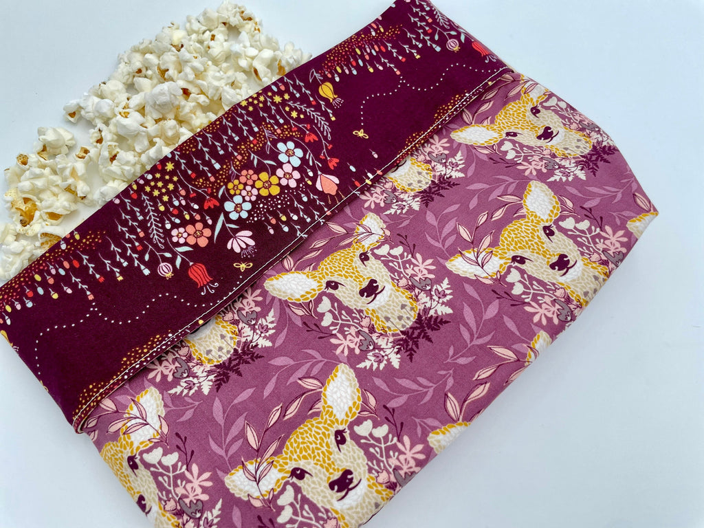 Reusable Popcorn Bag, Reusable Microwave Popcorn, Microwave Popcorn Cozy, Eco-Friendly Snack Holder - Deer Ruby Purple