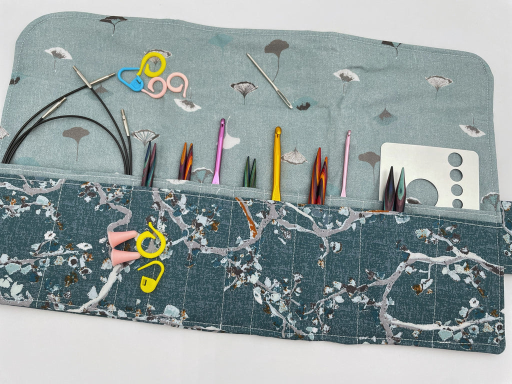 Interchangeable Knitting Needle Case, Knitting Notions Storage, Crochet Hook Roll, Knitting Needle Organizer - Enchanted Leaves Forest