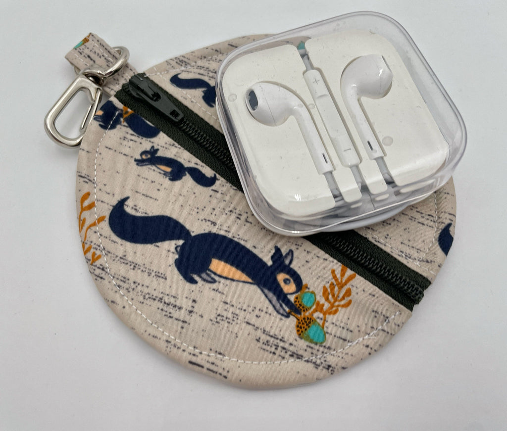 Ear Bud Pouch, Lens Cap Holder, Pacifier Pouch, Headphone Pouch, Earbud Case, Earpod Case, Paci Pod - Squirrels