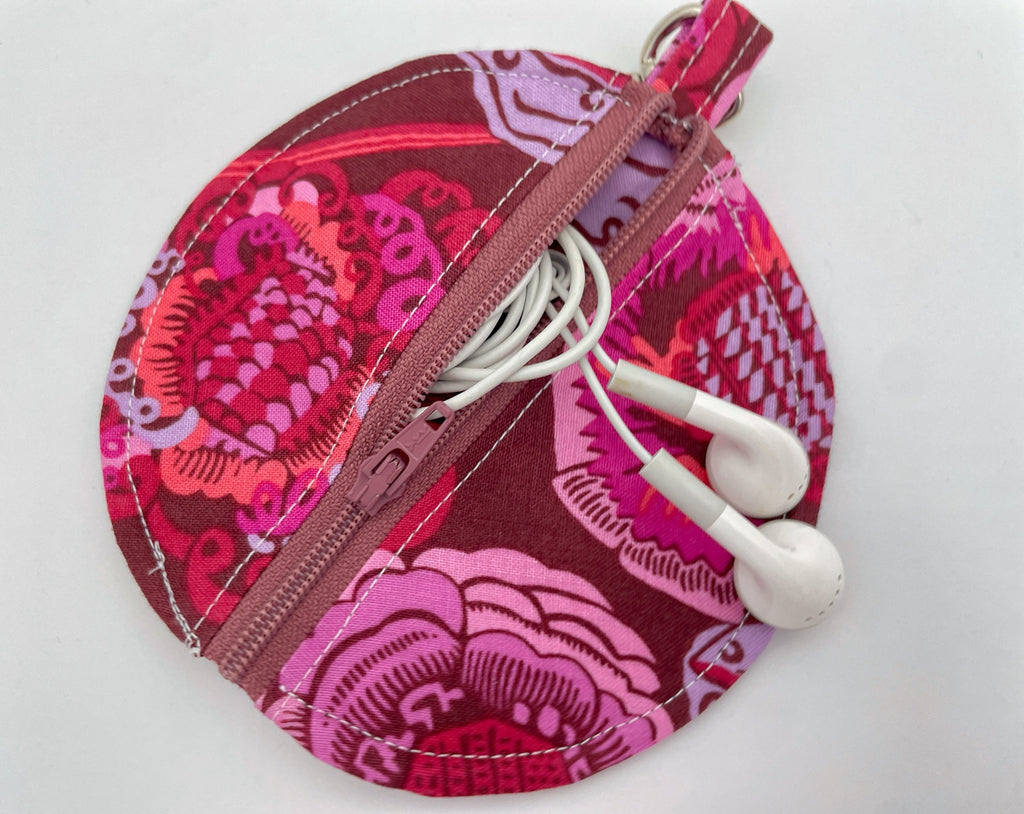 Ear Bud Pouch, Lens Cap Holder, Pacifier Pouch, Earbud Case, Paci Pod, Ear Pod Holder, Zipper Con Purse, Earpod Cozy - Plum Floral