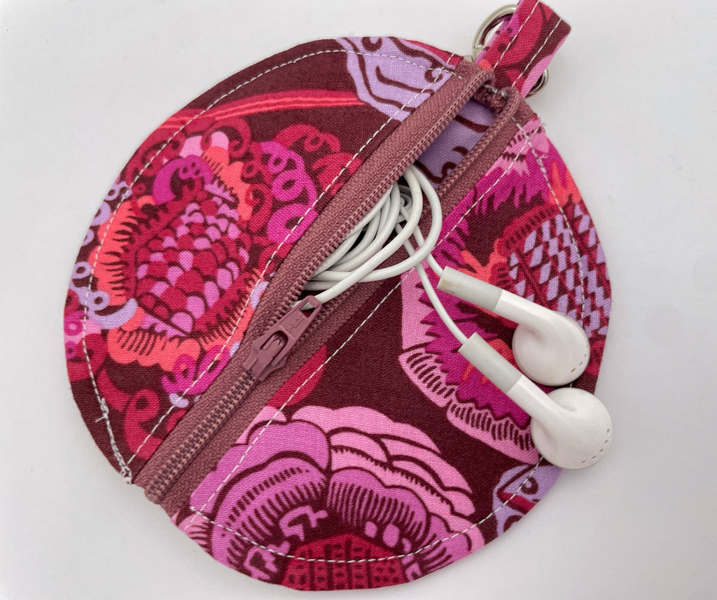 Ear Bud Pouch, Lens Cap Holder, Pacifier Pouch, Earbud Case, Paci Pod, Ear Pod Holder, Zipper Con Purse, Earpod Cozy - Plum Floral