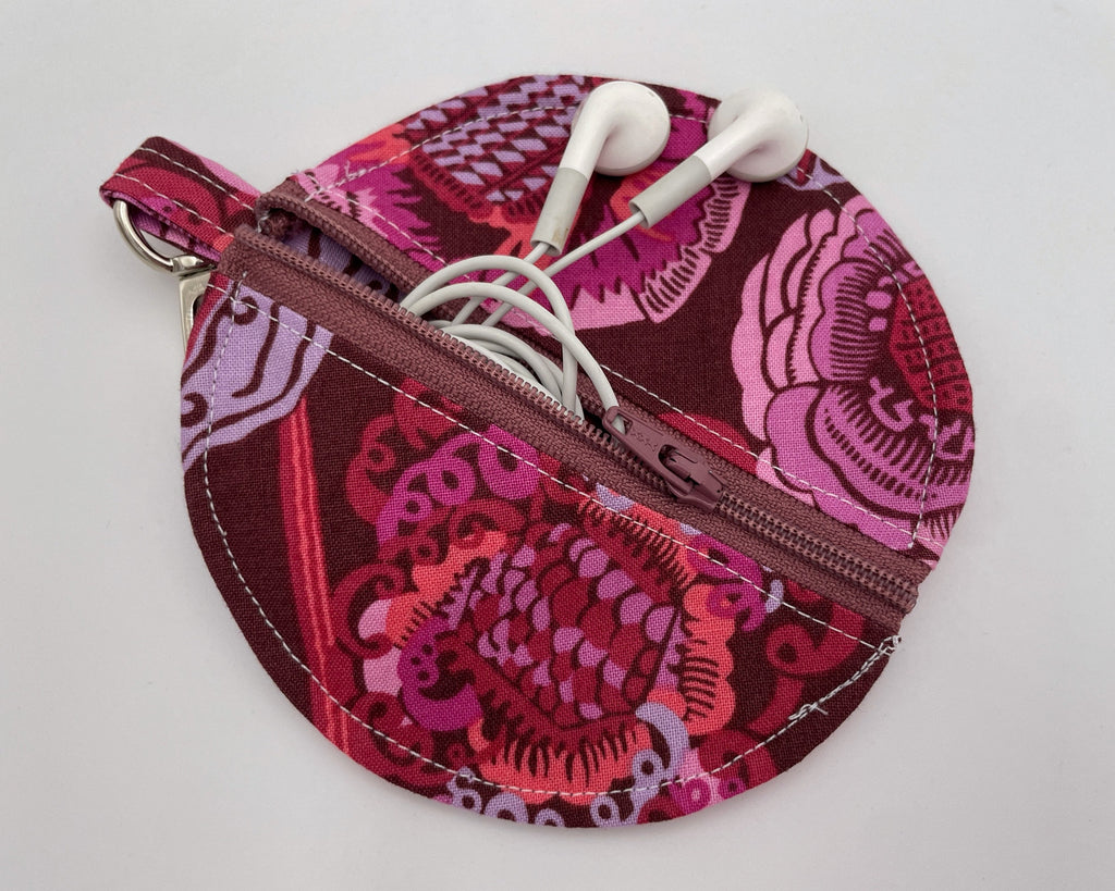 Ear Bud Pouch, Lens Cap Holder, Pacifier Pouch, Earbud Case, Paci Pod, Ear Pod Holder, Zipper Con Purse, Earpod Cozy - Plum Floral