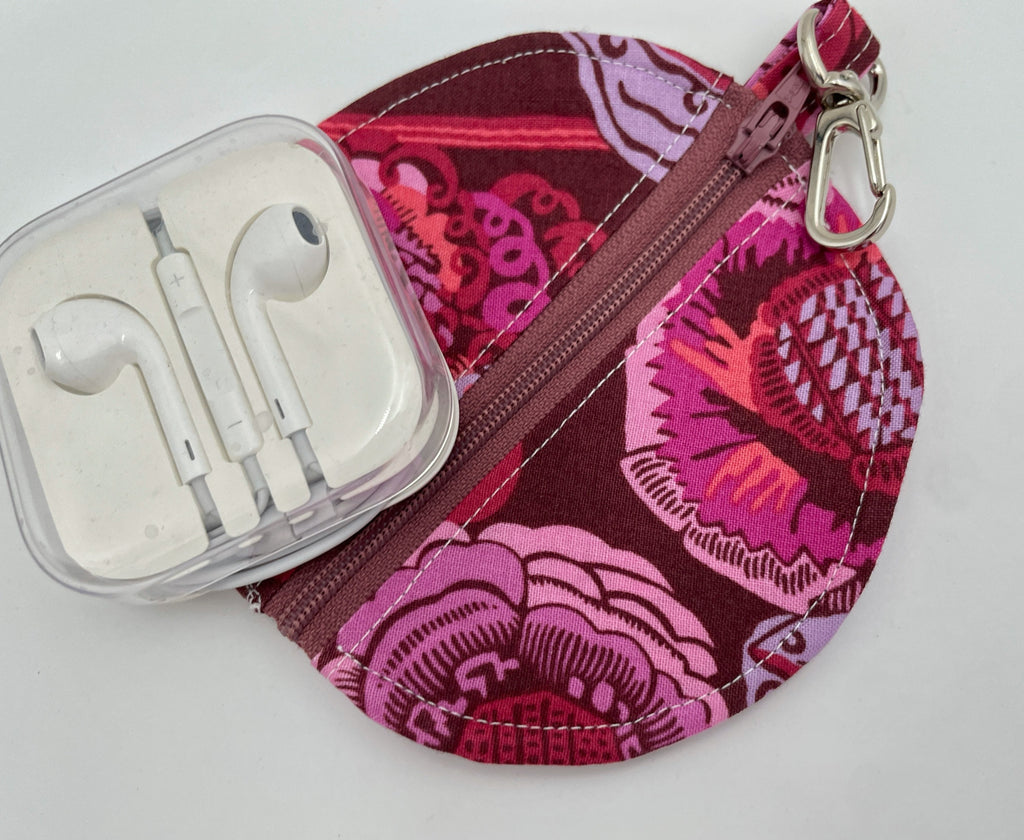 Ear Bud Pouch, Lens Cap Holder, Pacifier Pouch, Earbud Case, Paci Pod, Ear Pod Holder, Zipper Con Purse, Earpod Cozy - Plum Floral