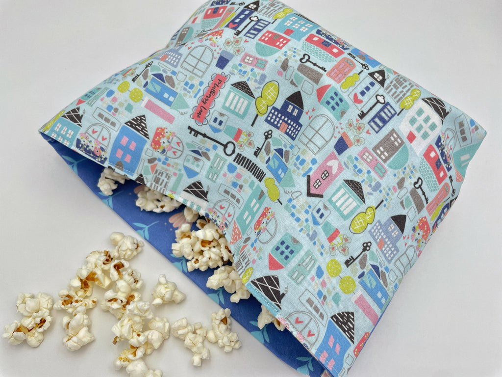 Reusable Popcorn Bag, Reusable Microwave Popcorn, Microwave Popcorn Cozy, Eco-Friendly Snack Holder - Our Town Blue