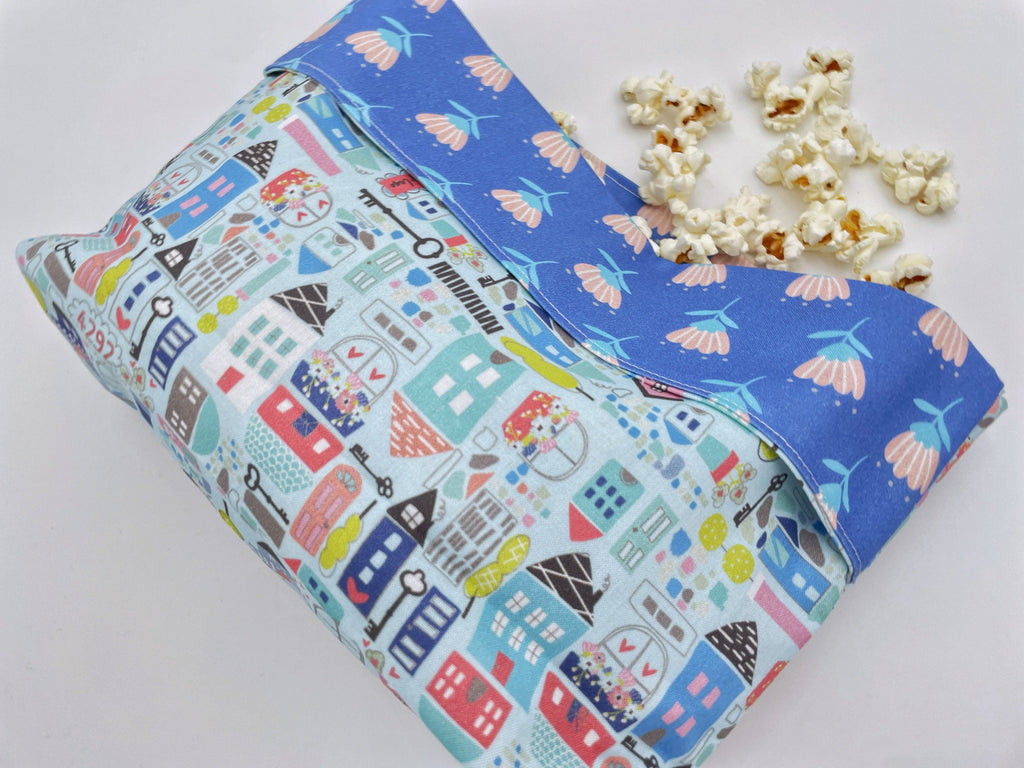 Reusable Popcorn Bag, Reusable Microwave Popcorn, Microwave Popcorn Cozy, Eco-Friendly Snack Holder - Our Town Blue