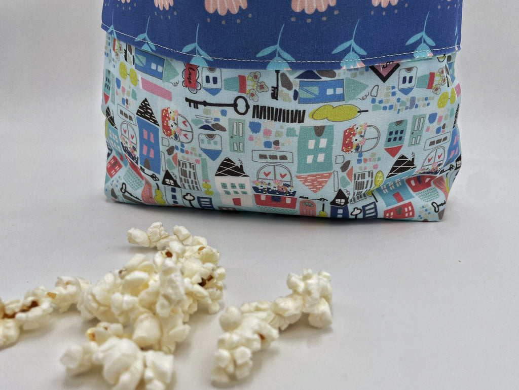 Reusable Popcorn Bag, Reusable Microwave Popcorn, Microwave Popcorn Cozy, Eco-Friendly Snack Holder - Our Town Blue