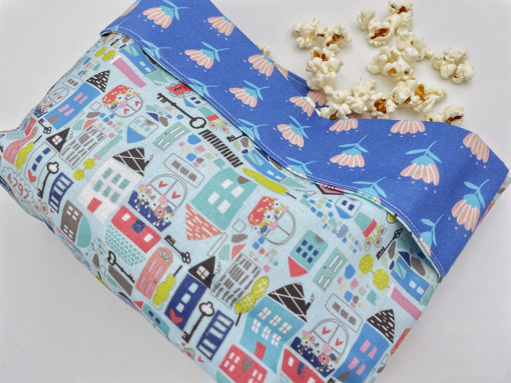 Reusable Popcorn Bag, Reusable Microwave Popcorn, Microwave Popcorn Cozy, Eco-Friendly Snack Holder - Our Town Blue