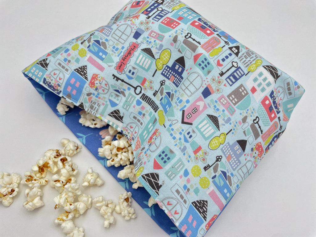 Reusable Popcorn Bag, Reusable Microwave Popcorn, Microwave Popcorn Cozy, Eco-Friendly Snack Holder - Our Town Blue