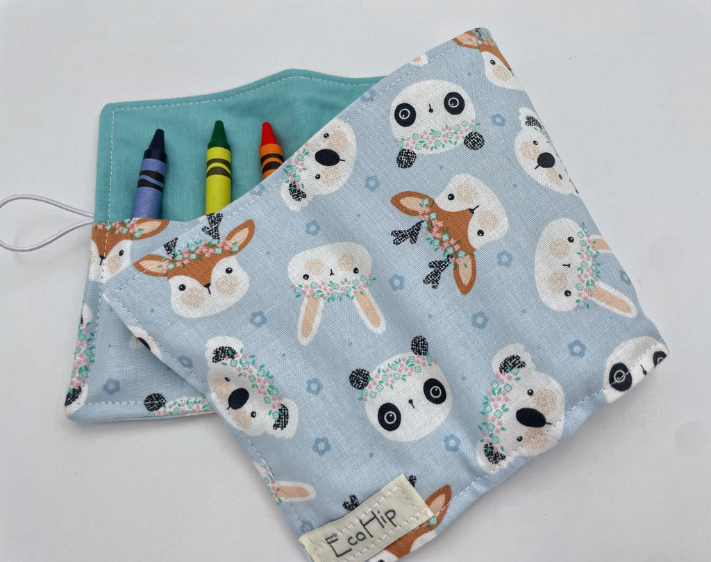 Crayon Roll, Crayon Caddy, Travel Toy, Kids Stocking Stuffer, Crayons Included - Deer Panda Rabbit