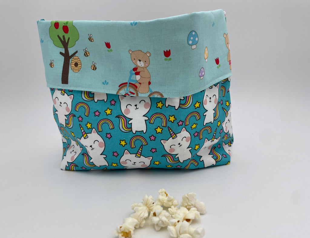 Reusable Popcorn Bag, Reusable Microwave Popcorn, Microwave Popcorn Cozy, Eco-Friendly Snack Holder - Unicorn Cat