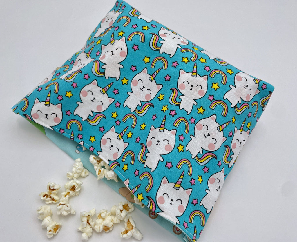 Reusable Popcorn Bag, Reusable Microwave Popcorn, Microwave Popcorn Cozy, Eco-Friendly Snack Holder - Unicorn Cat