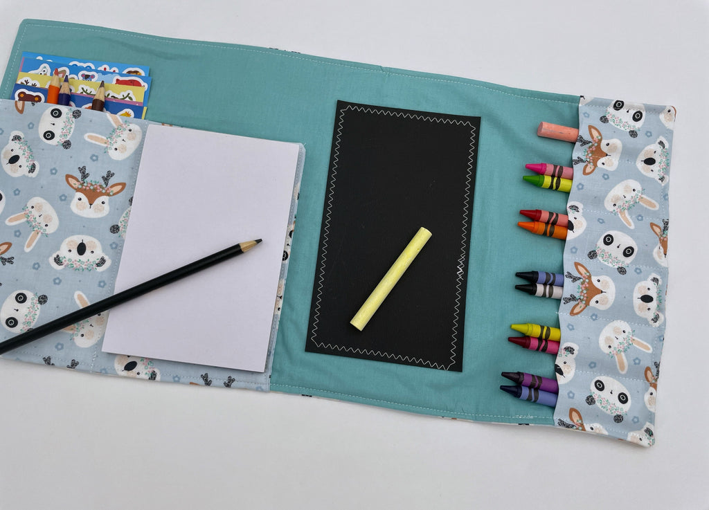 Activity Wallet, Travel Crayon Roll, Chalkboard Mat, Crayon Case, Gift for Kids, Pencil Case, Creative Toy, Stickers - Deer Panda Rabbit