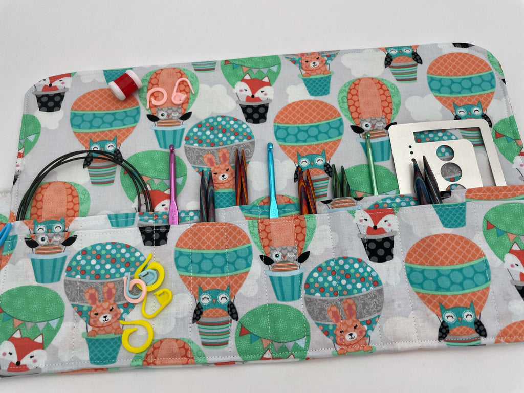 Interchangeable Knitting Needle Case, Knitting Notions Storage. Crochet Hook Roll, Knitting Needle Organizer - Animal Balloons